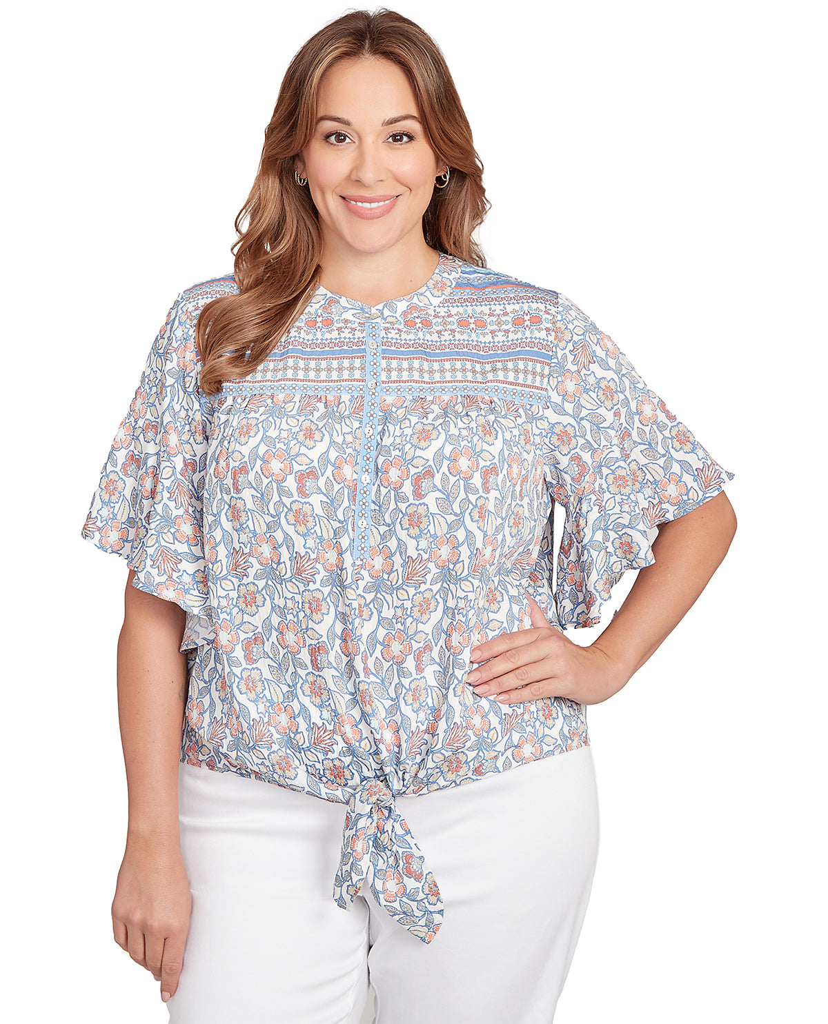 Ruby Road Boho Chic Floral Silky Tie Front Woven Top Blue