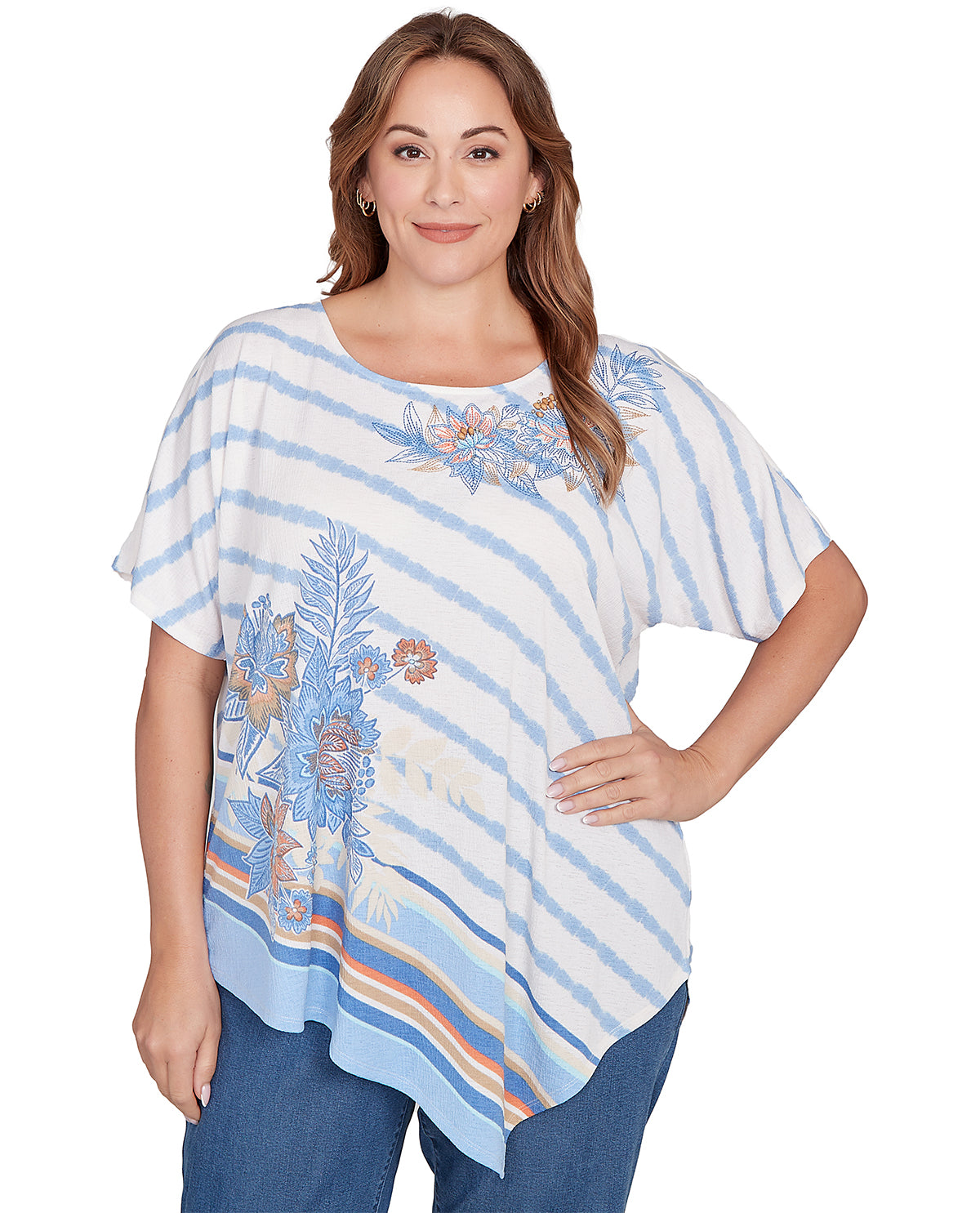 Ruby Road Boho Chic Stripe Floral Knit Top Blue