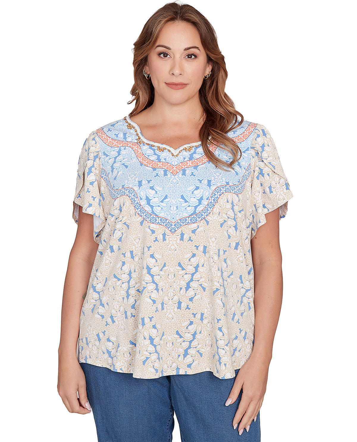 Ruby Road Boho Chic Embellished Scallop Knit Top Jute