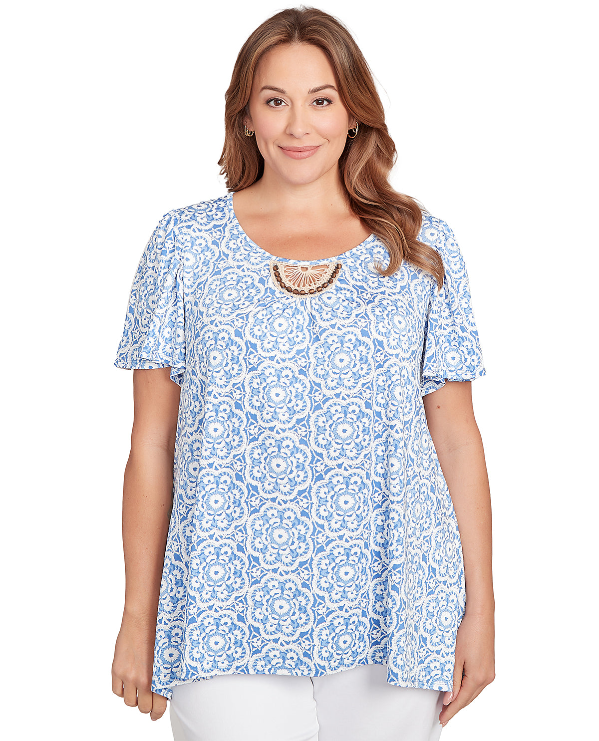 Ruby Road Boho Chic Embroidered Macrame Knit Top