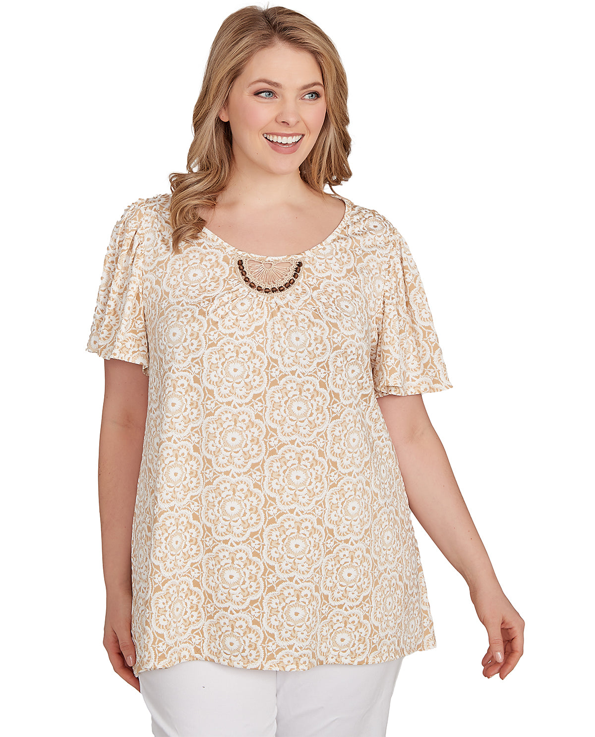 Ruby Road Boho Chic Embroidered Macrame Knit Top