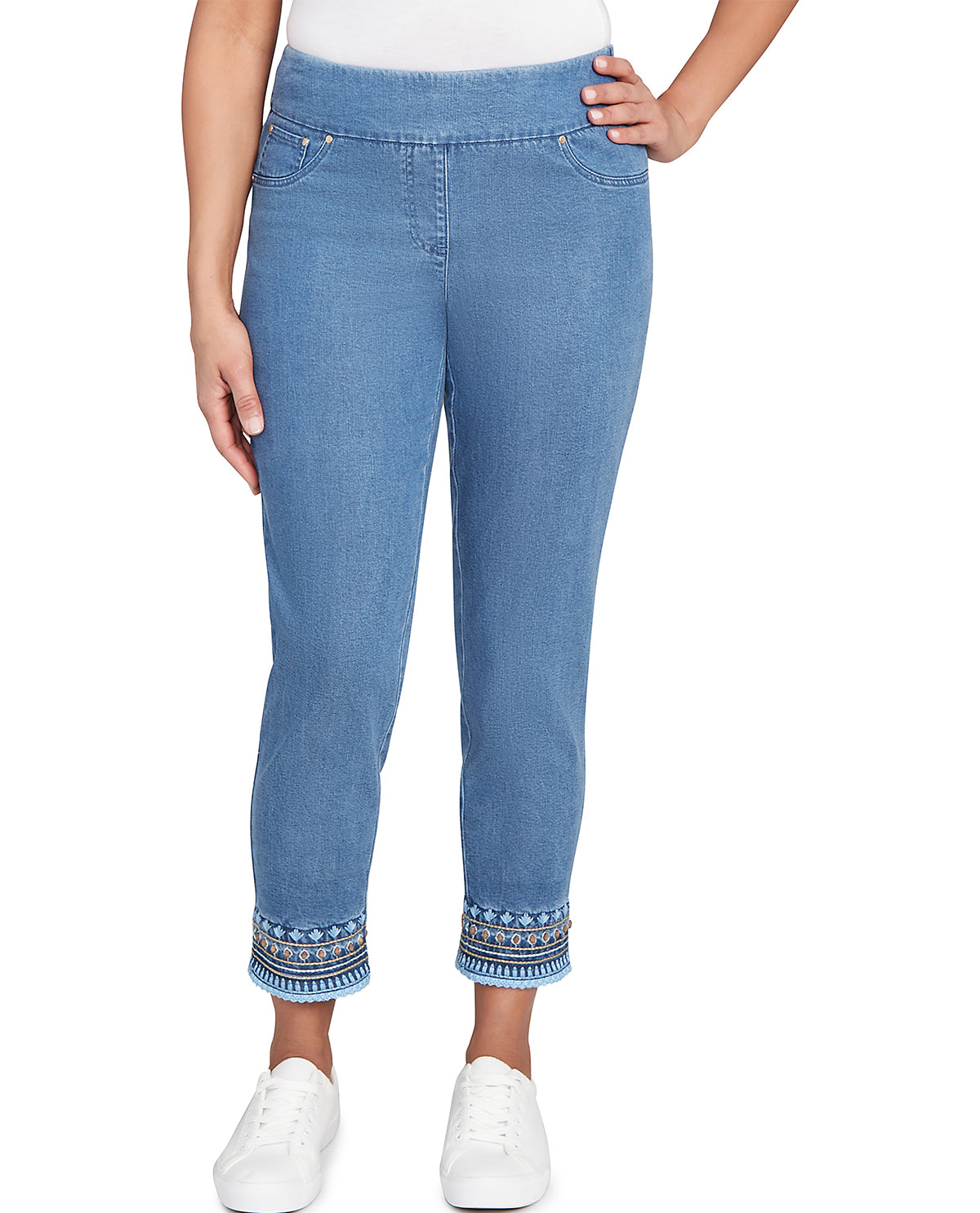 Ruby Road Petite Boho Chic Embellished Hem Ankle Pant Medium Blue