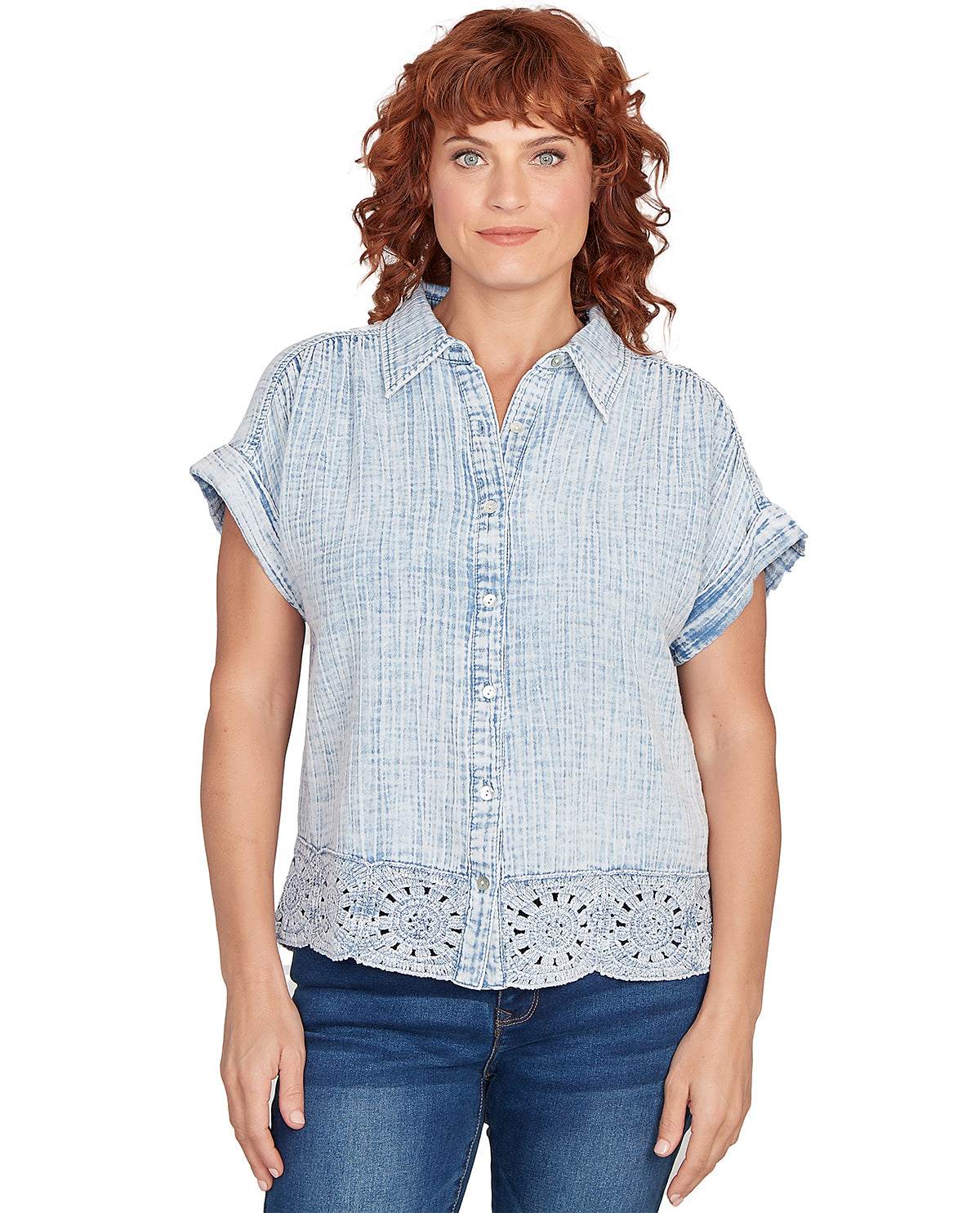 Ruby Road Petite Boho Chic Short Sleeve Gauze Woven Top Chambray