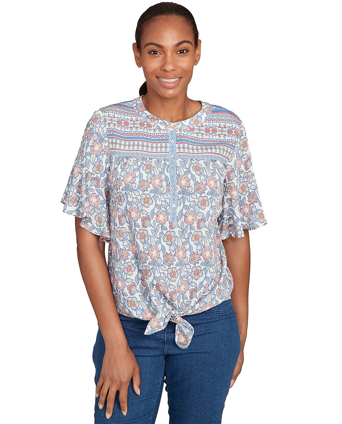 Ruby Road Petite Boho Chic Floral Silky Tie Front Woven Top Blue Sky
