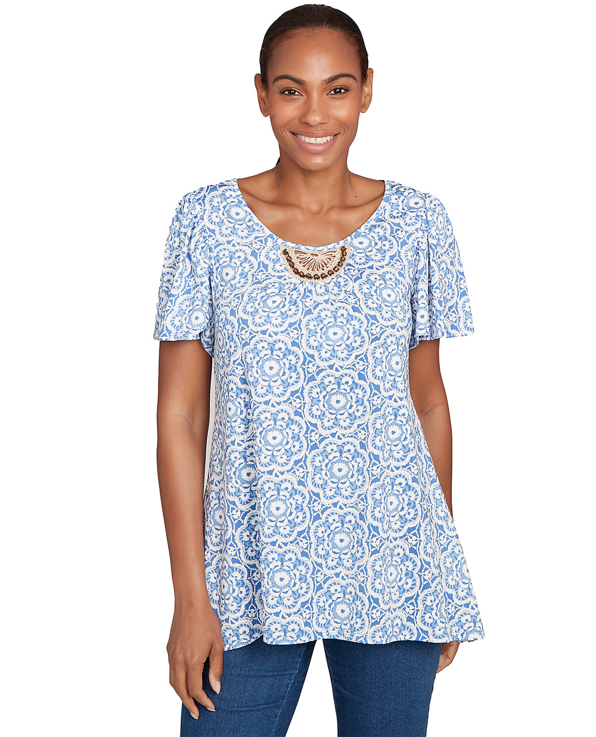 Ruby Road Petite Boho Chic Embroidered Macrame Knit Top Blue Sky
