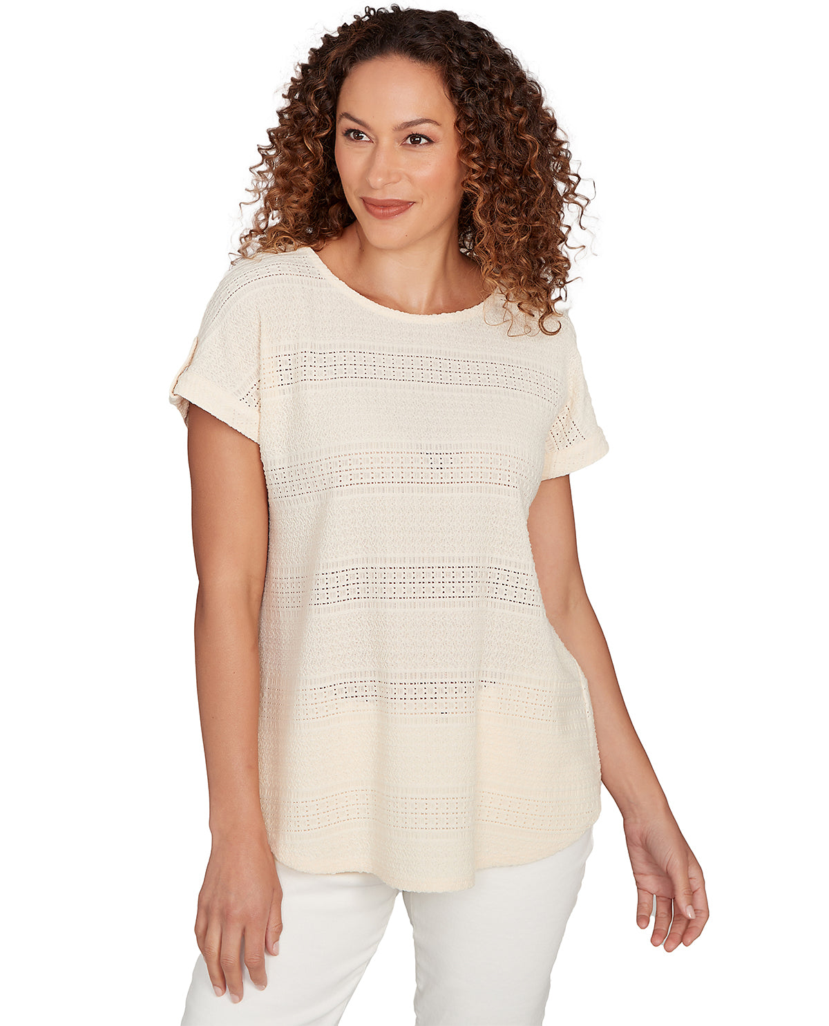 Ruby Road Petite Boho Chic Crochet Like Knit Top