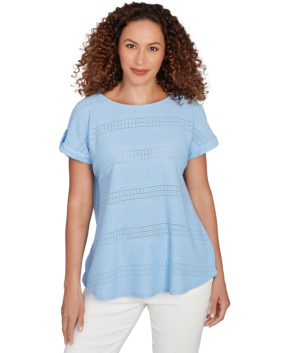 Ruby Road Petite Boho Chic Crochet Like Knit Top