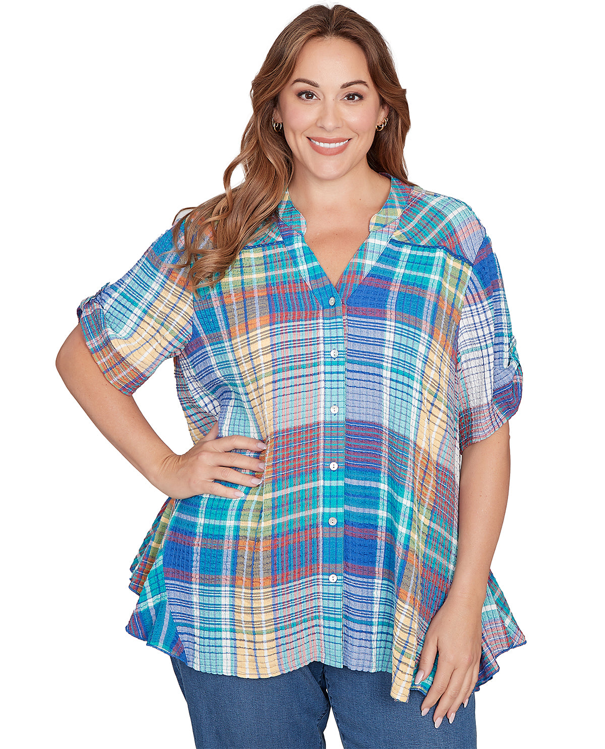 Ruby Road Ibiza Sunset Madras Woven Top Turquoise