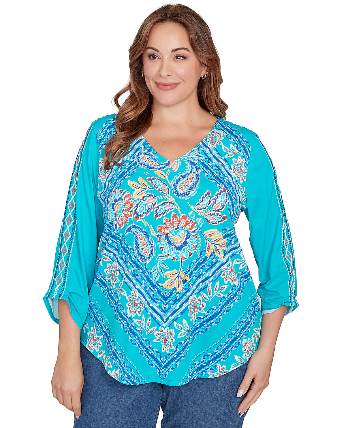 Ruby Road Ibiza Sunset V-Neck Diamond Knit Top Turquoise
