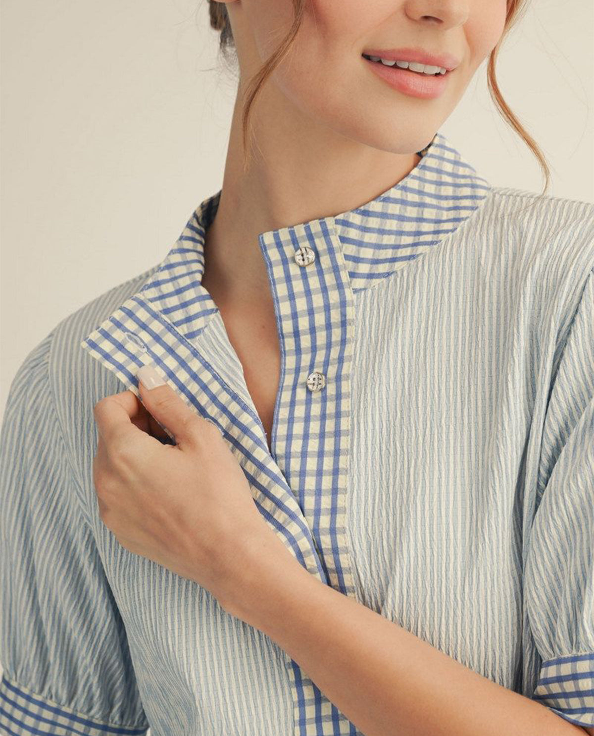 Jodifl Stripe Top With Gingham Placket Blue