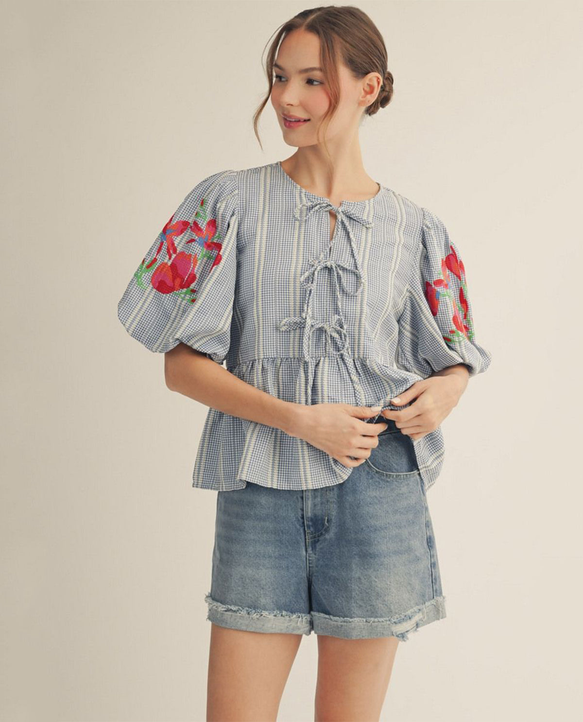 Jodifl Stripe Tie Front Top With Embroidered Sleeve Blue