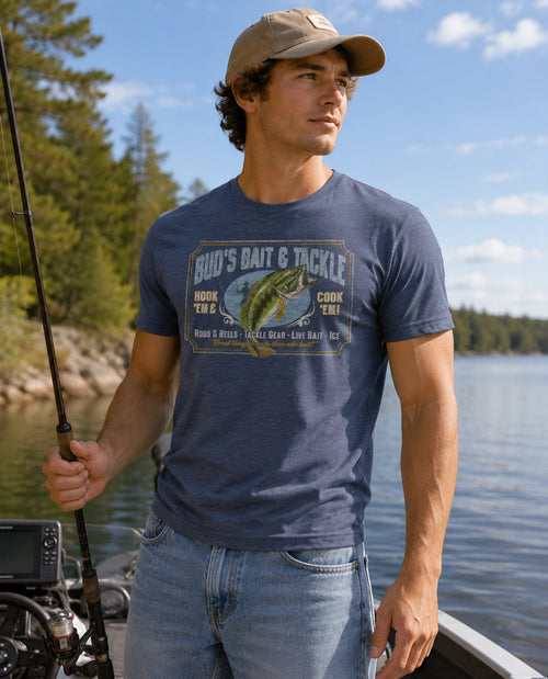 Man wearing a blue t-shirt with a fishing graphic by a lake