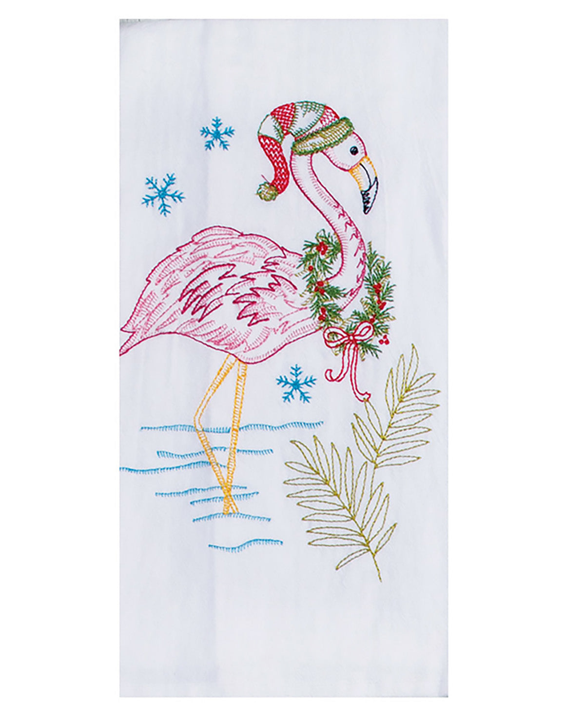 Floral towel with a flamingo design wearing a Christmas hat on a white background