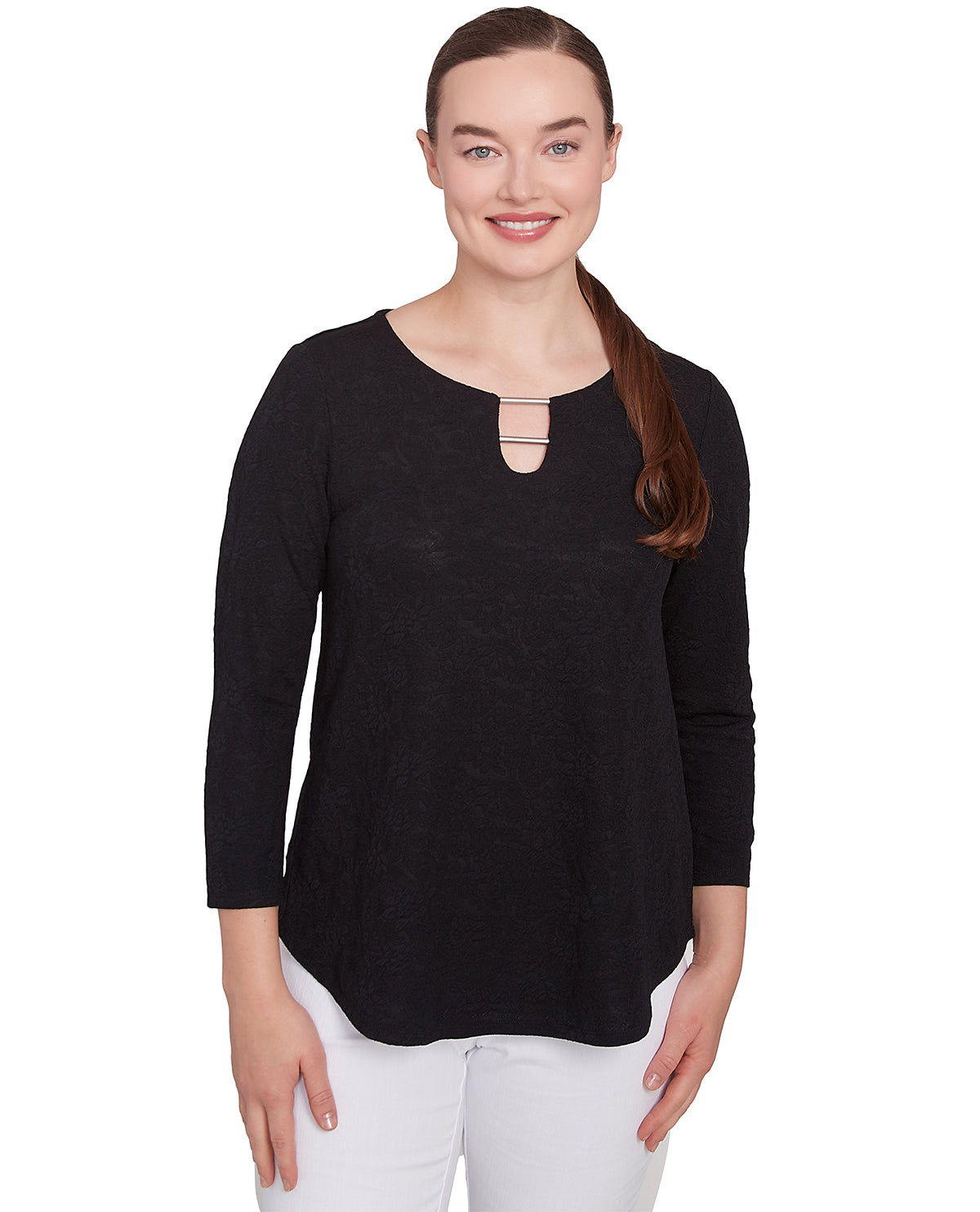 Ruby Road Missy Monochrome Moment Solid Paisley Knit Top with Bar