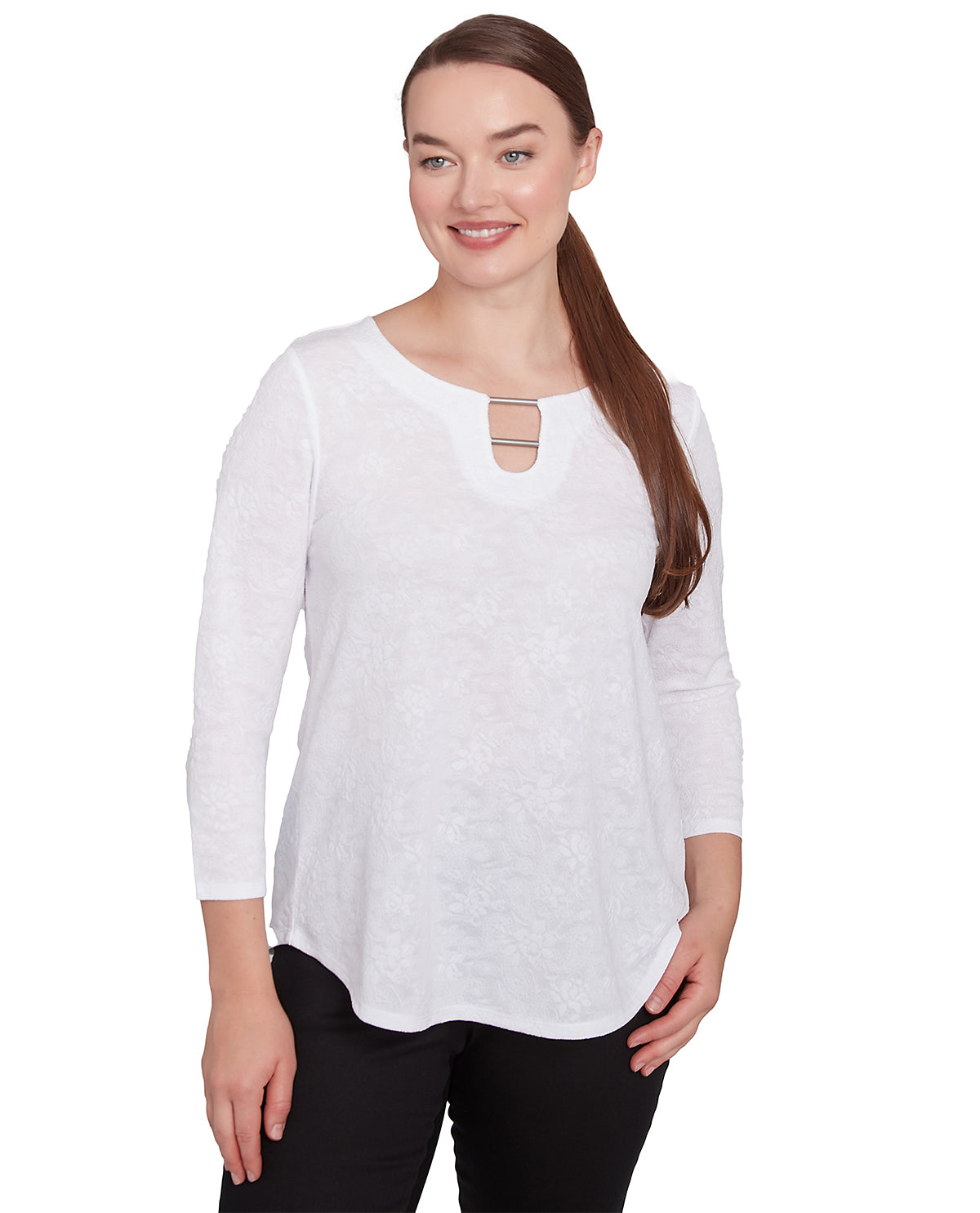 Ruby Road Missy Monochrome Moment Solid Paisley Knit Top with Bar