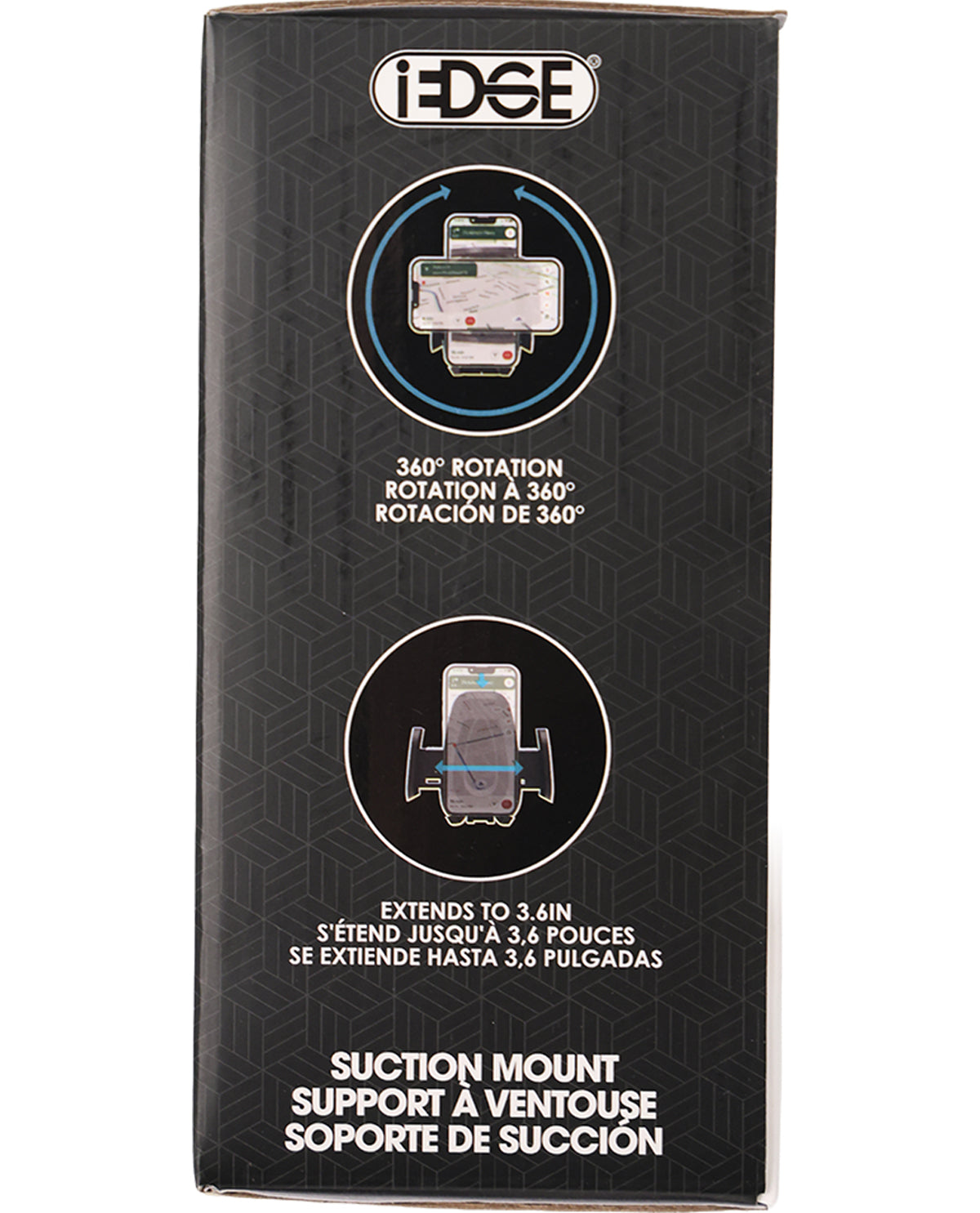 Black retail packaging box for an i-EDGE suction mount, featuring product diagrams and text describing 360-degree rotation and extended height up to 3.4 inches.