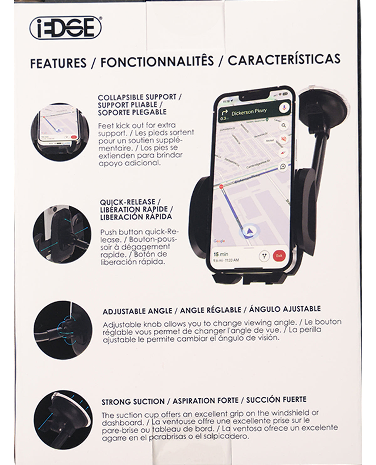 A product feature sheet for an iDSE motorcycle windshield suction cup mount, showing text descriptions of features like collapsible support, quick release, adjustable angle, and strong suction, alongside a smartphone mockup displaying the app interface and circular inset photos demonstrating the product in use.