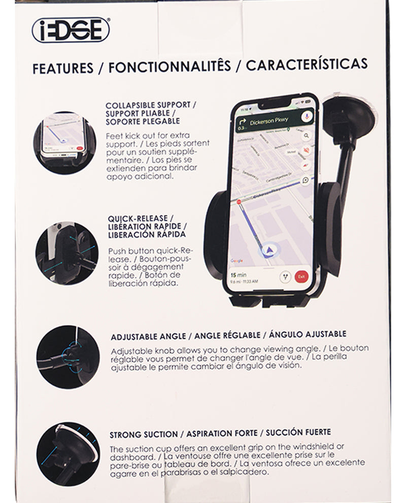 A product feature sheet for an iDSE motorcycle windshield suction cup mount, showing text descriptions of features like collapsible support, quick release, adjustable angle, and strong suction, alongside a smartphone mockup displaying the app interface and circular inset photos demonstrating the product in use.