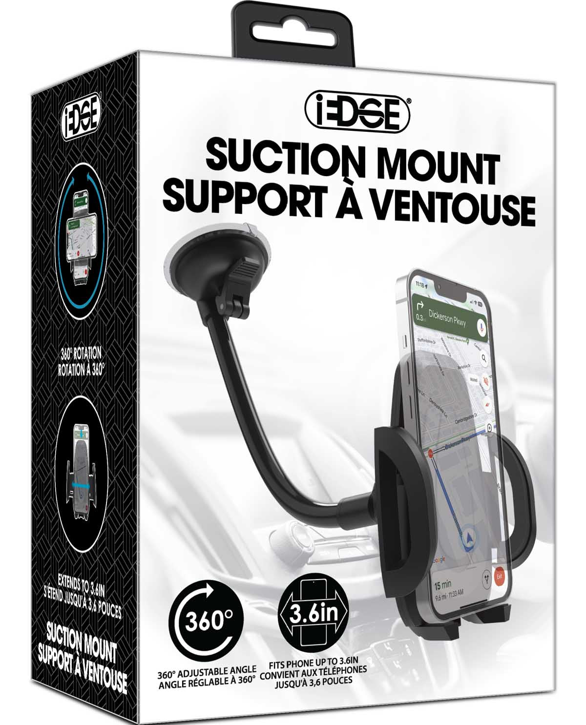 i-EDGE suction mount support box packaging, featuring a black and white design with a graphic of a black suction cup mount holding a smartphone.