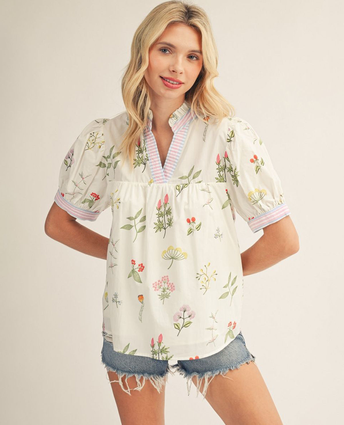 Jodifl Floral Babydoll Top With Stripe Trim Ivory