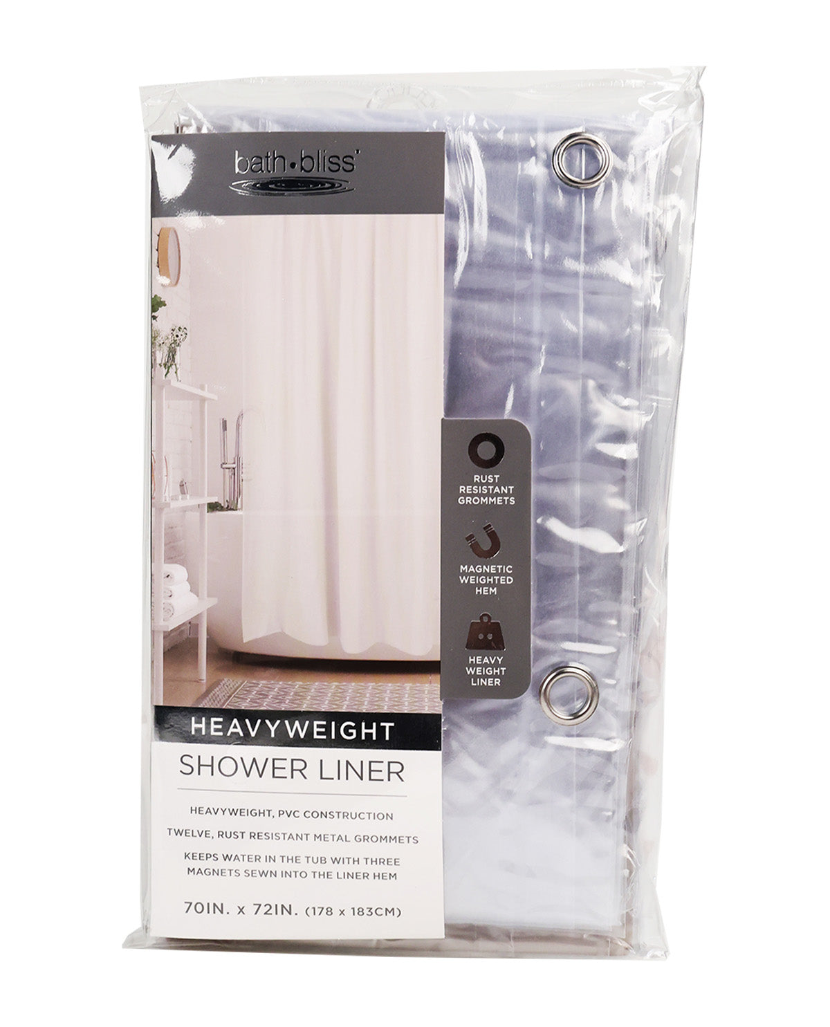 Packaged shower liner with 'bath bliss' branding on a white background
