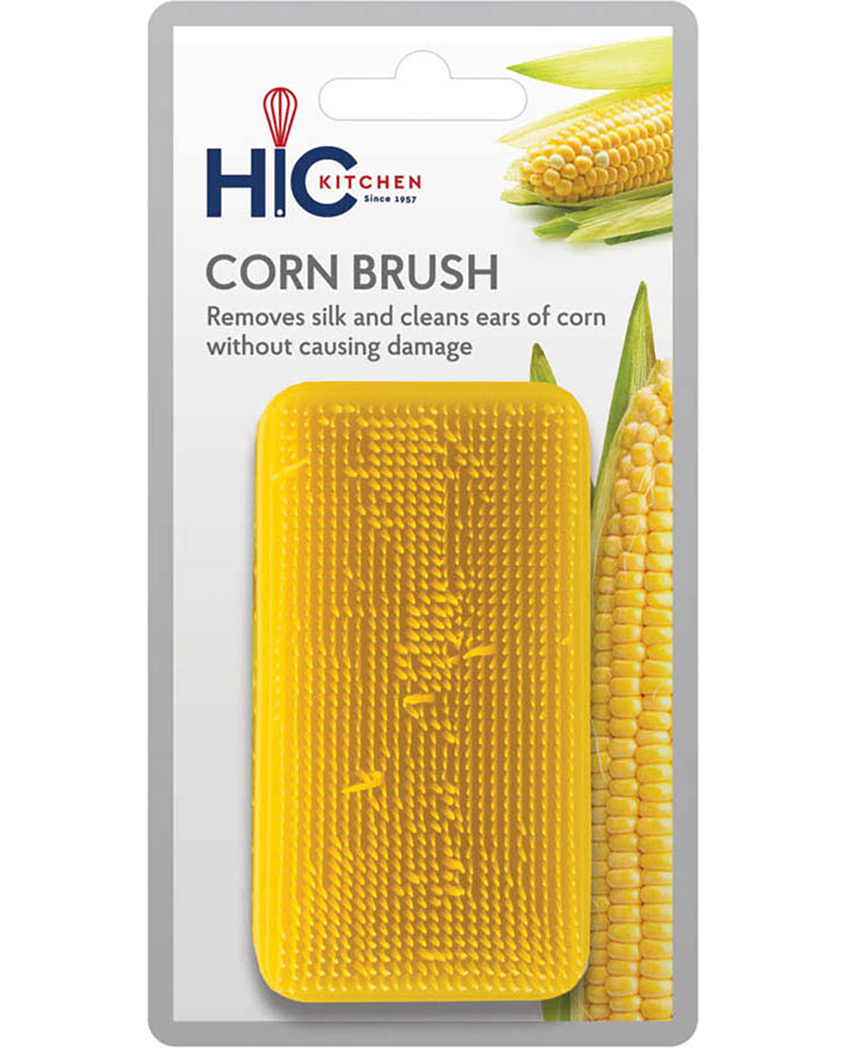 Yellow corn brush with packaging featuring HIC Kitchen logo and corn images.