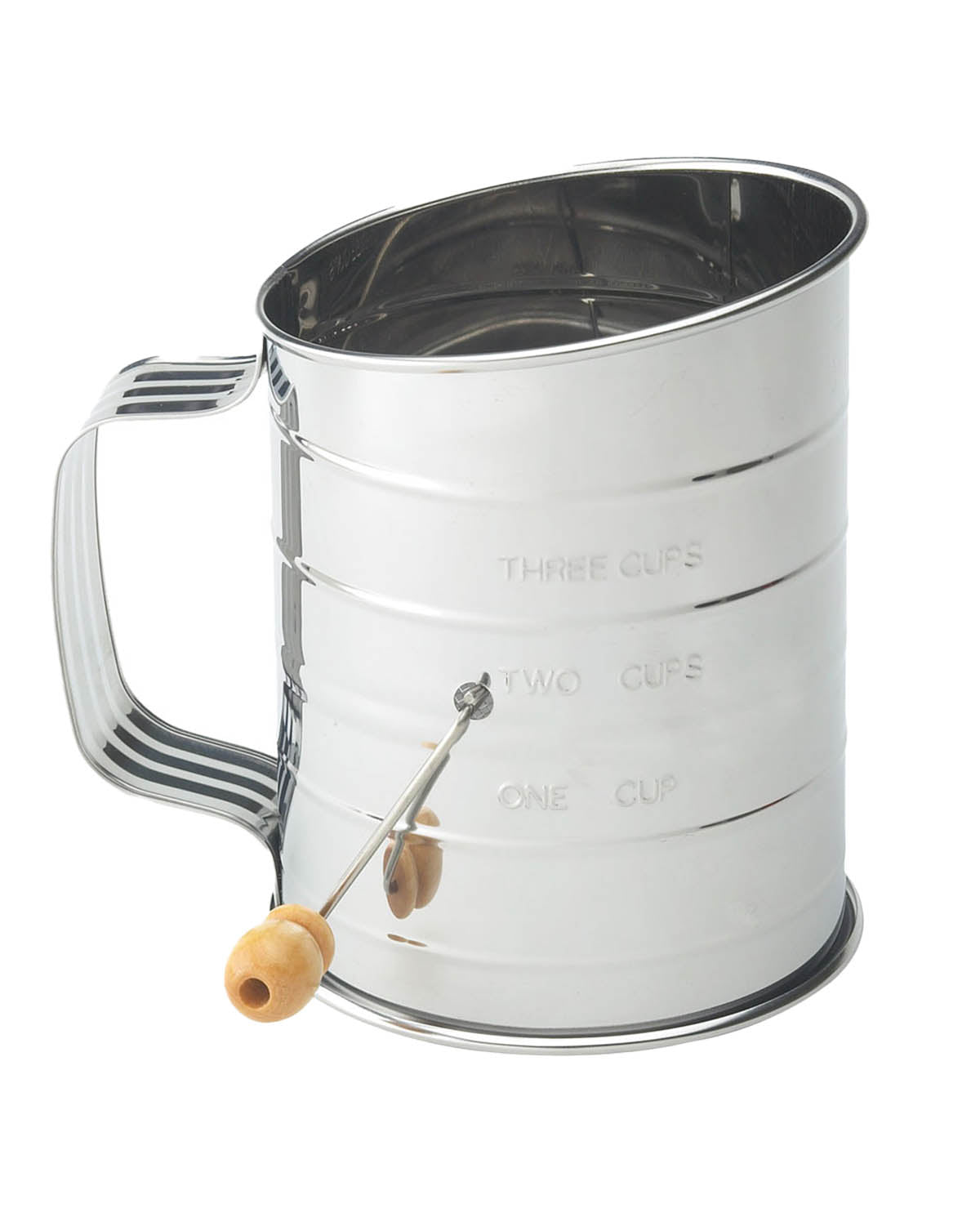 Metal measuring cup with wooden handle on a white background