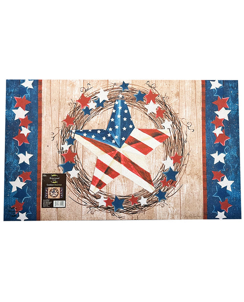 Decorative mat with American flag design and stars on a wooden background
