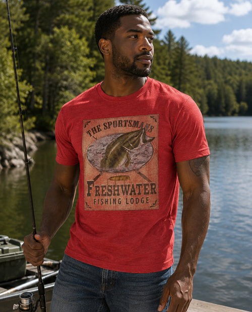 Man wearing a red t-shirt with a fishing graphic by a lake