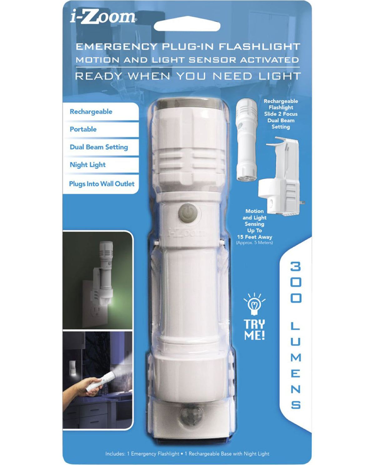 iZoom 300 Lumen Emergency Plug-In Flashlight