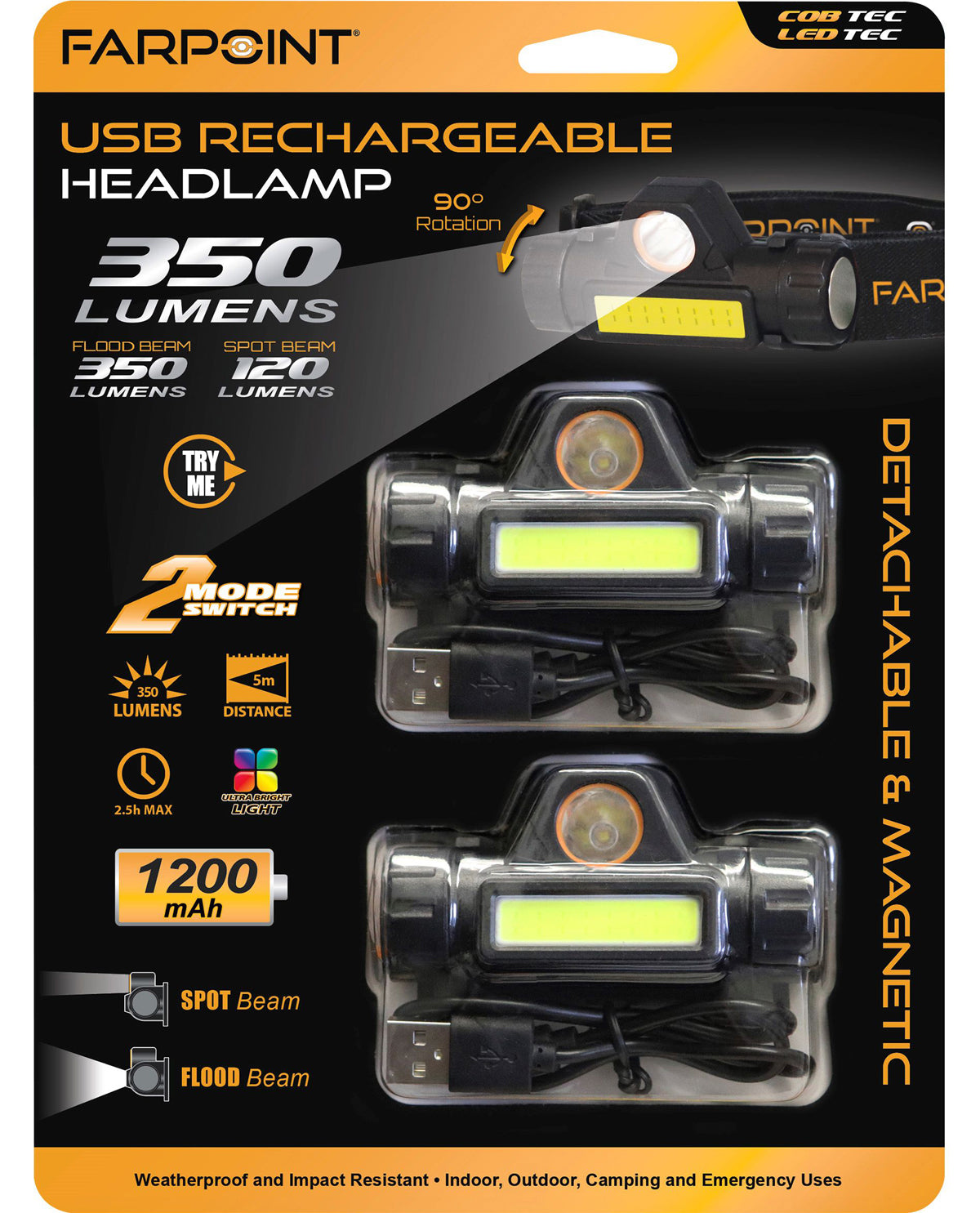 Farpoint USB Rechargeable Headlamp Set