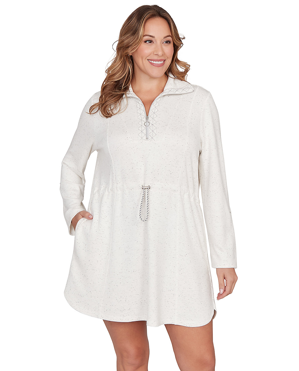 Woman wearing a white long-sleeve dress with a zipper on a white background