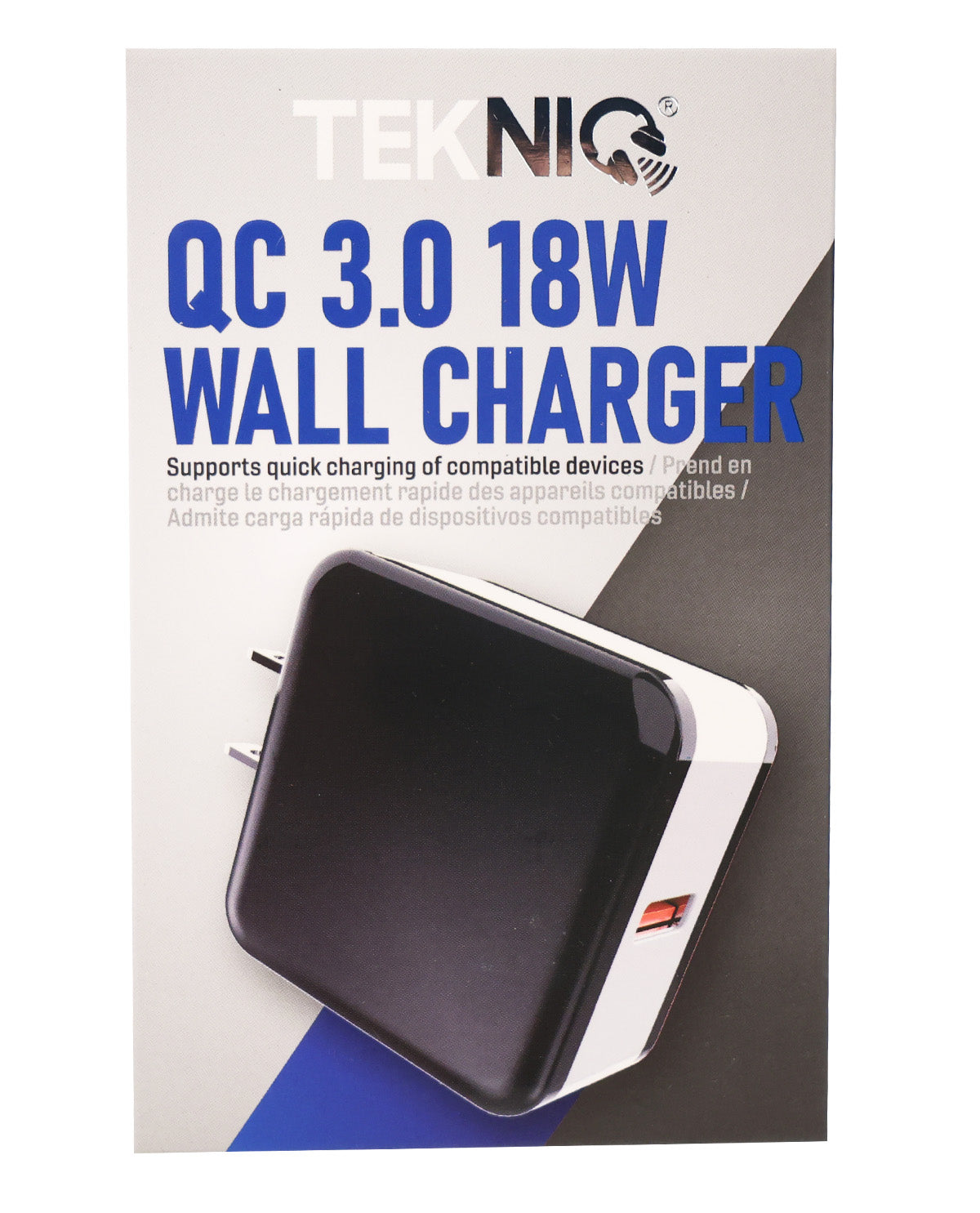 A Teknix QC 3.0 18W wall charger shown on its retail packaging card.