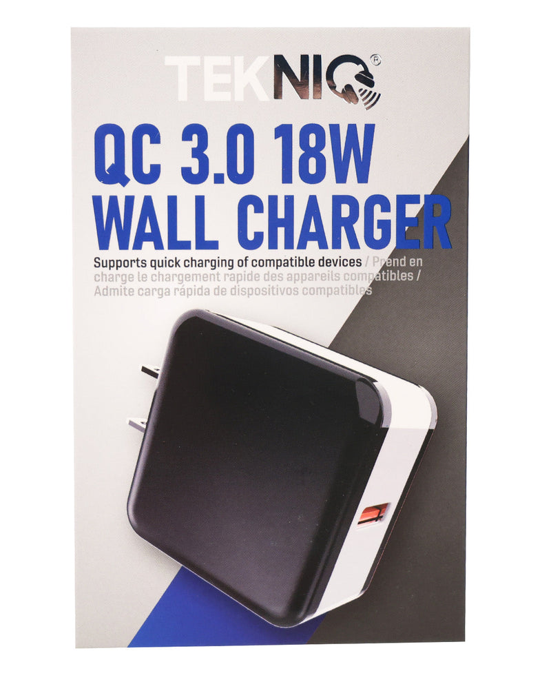 A Teknix QC 3.0 18W wall charger shown on its retail packaging card.