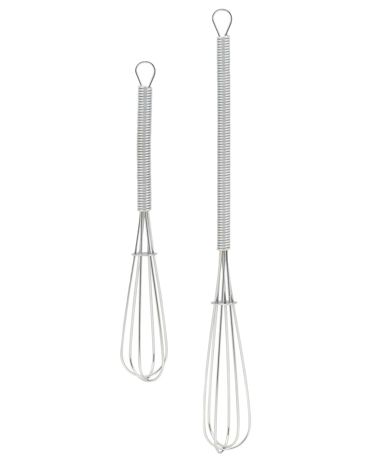 Two metal whisks on a white background