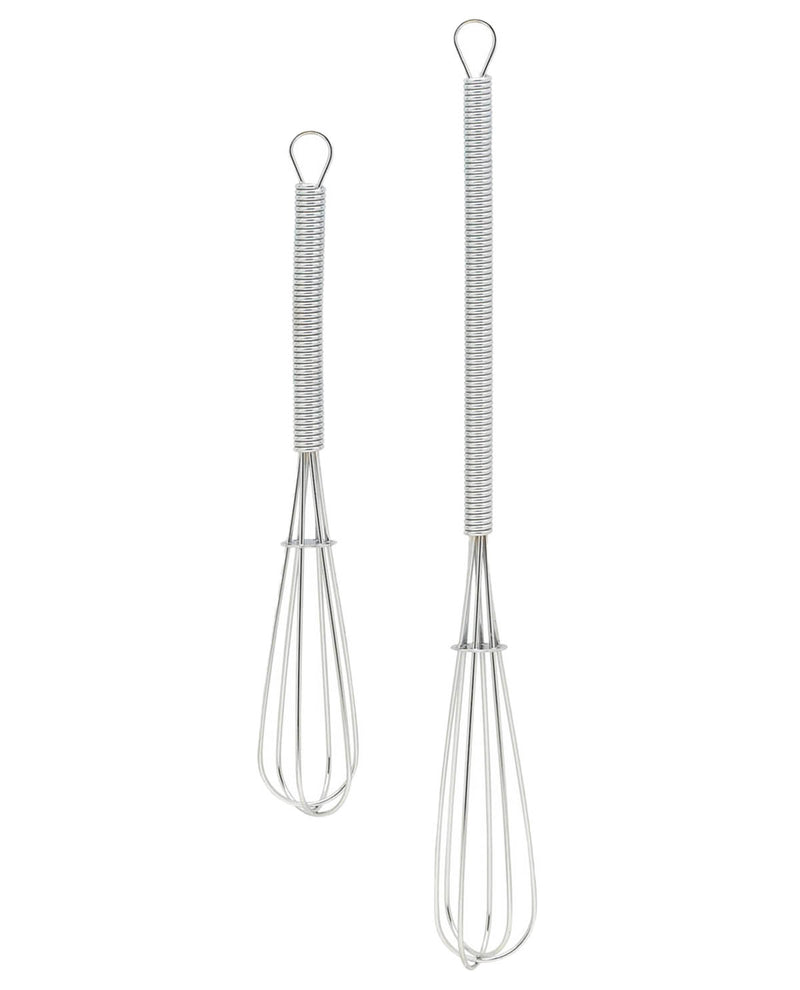 Two metal whisks on a white background