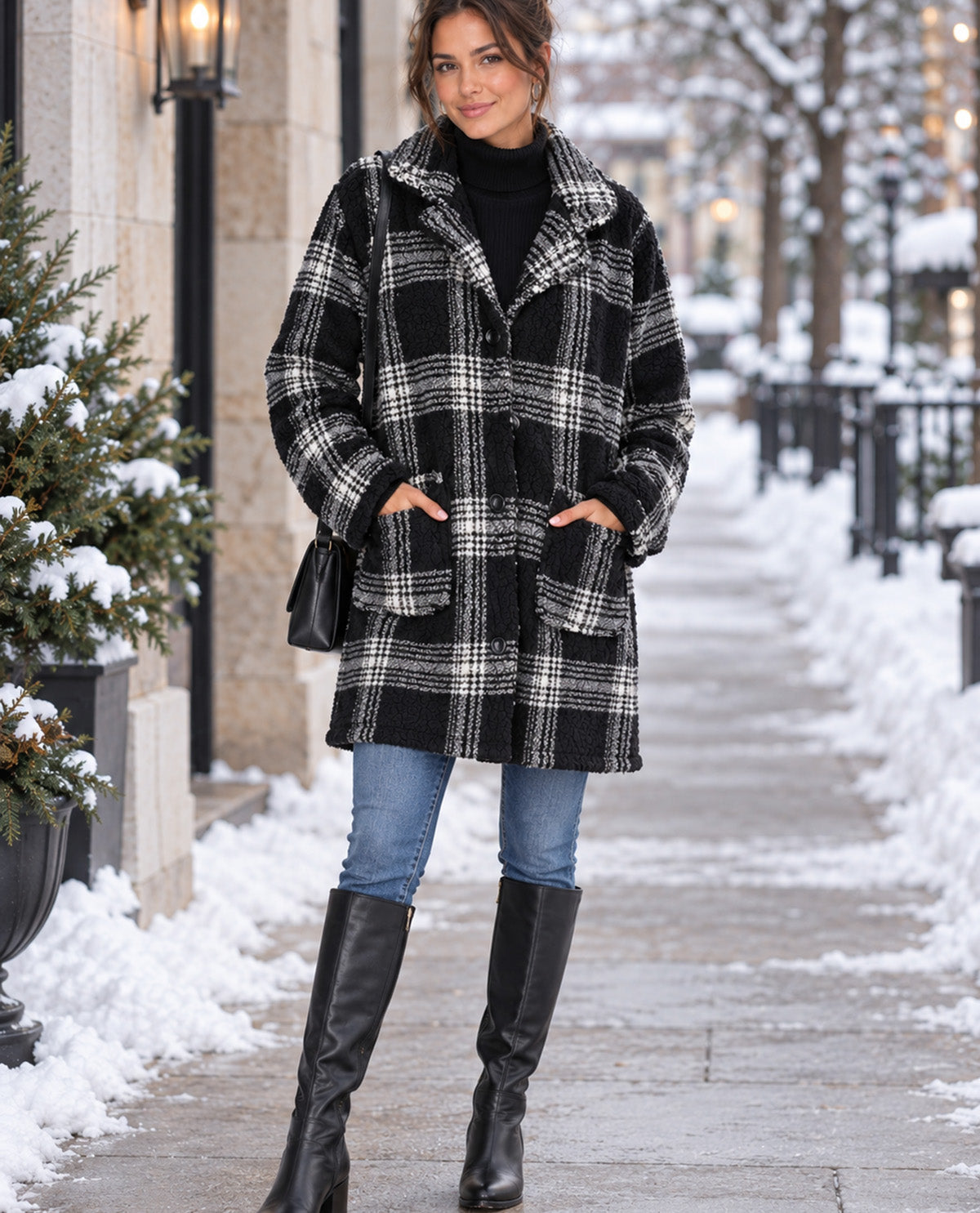A woman stands on a snowy city sidewalk wearing a black and white plaid coat over a black turtleneck, blue jeans, and black knee-high boots.