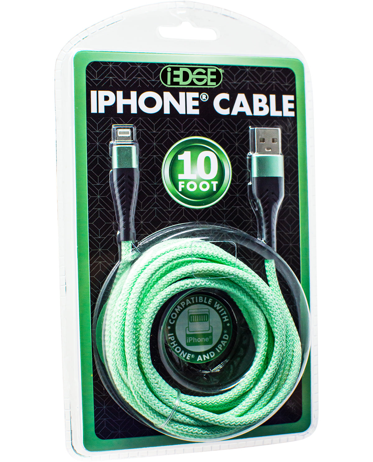 Green iPhone cable in packaging with 'EDGE' branding