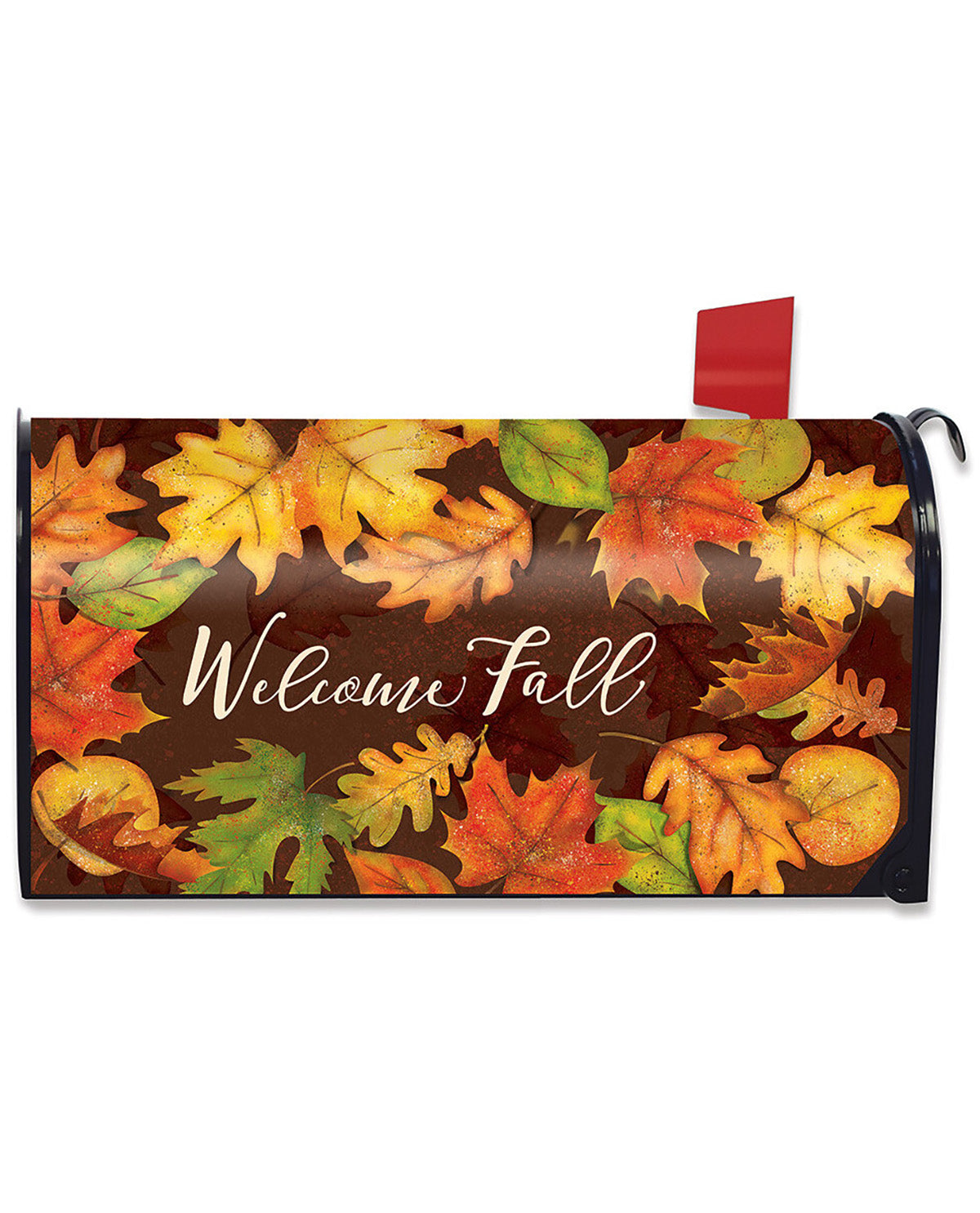 A decorative mailbox cover featuring a fall leaf pattern in orange, yellow, green, and red on a dark brown background, with the words 'Welcome Fall' in white script. A red flag is visible on the right side against a plain white background.