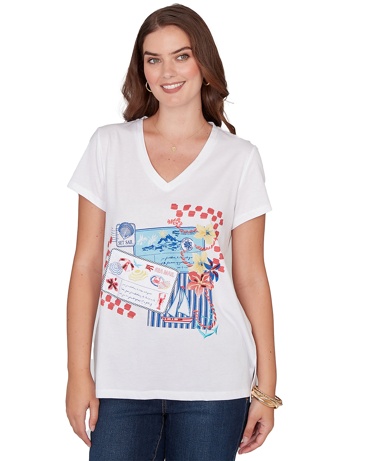 Ruby Road Petite V-Neck Postcard Knit Top Deep Coral