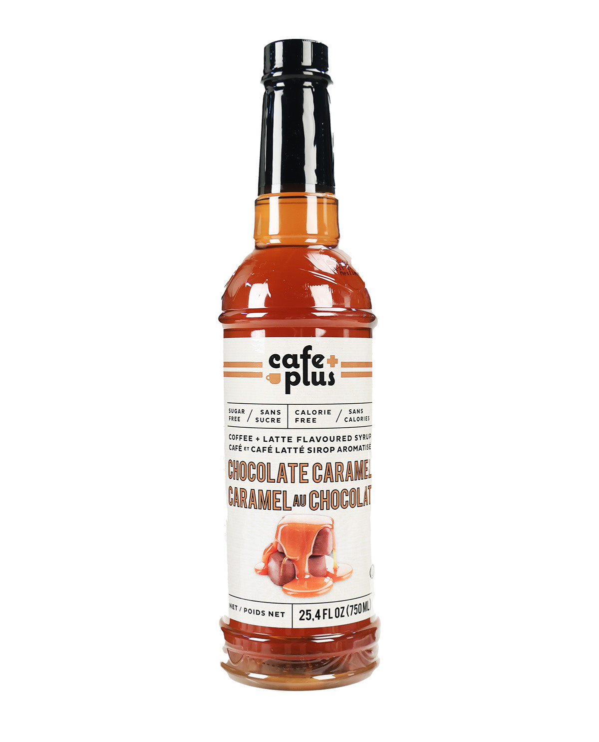 A bottle of Cafe Plus Chocolate Caramel Syrup on a plain white background. The clear glass bottle shows the amber-brown syrup inside, topped with a black cap and featuring a white label with the Cafe Plus brand logo and product name.