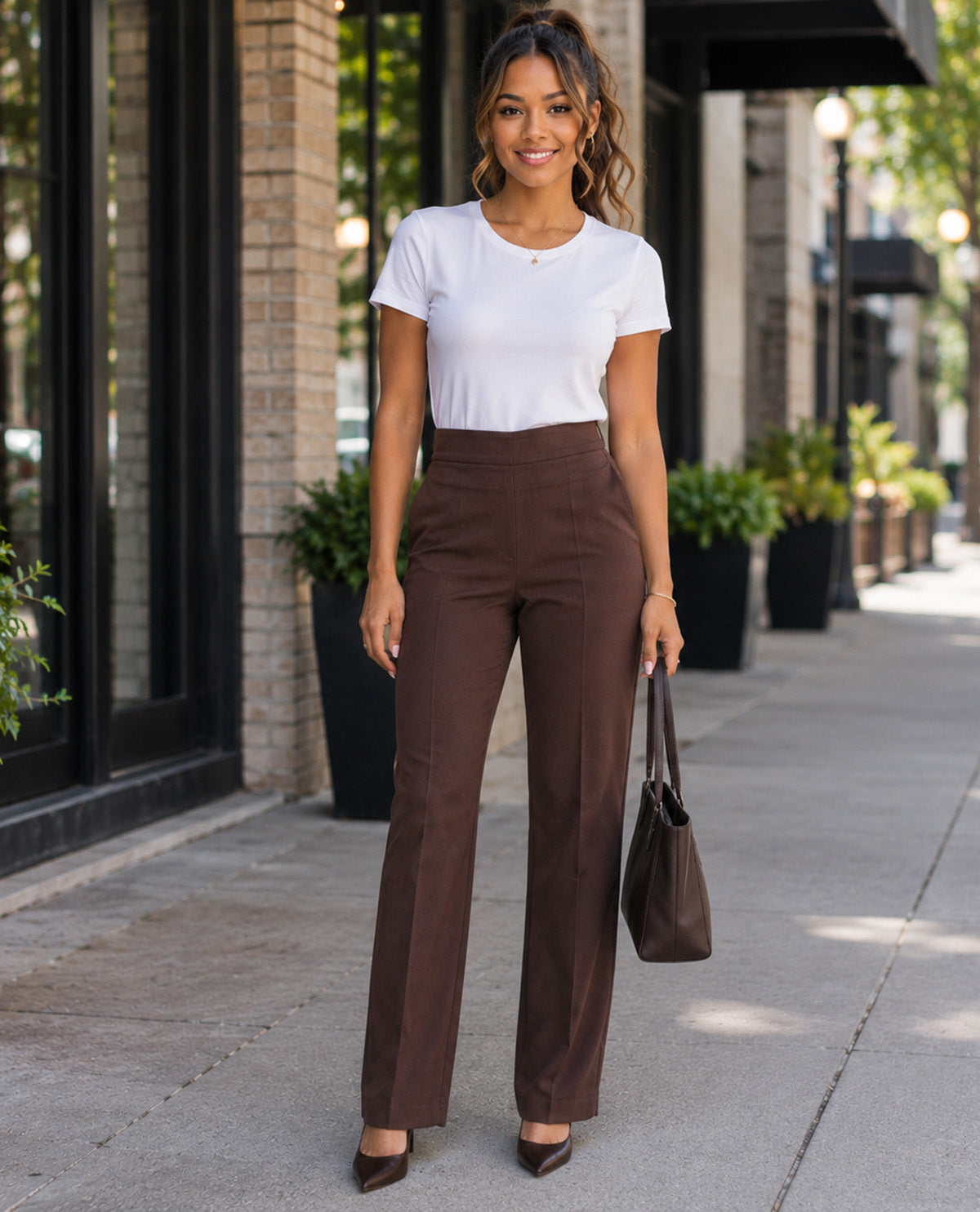 A woman stands on a city sidewalk wearing a fitted white short-sleeve top and brown high-waisted straight-leg pants, holding a brown tote bag.