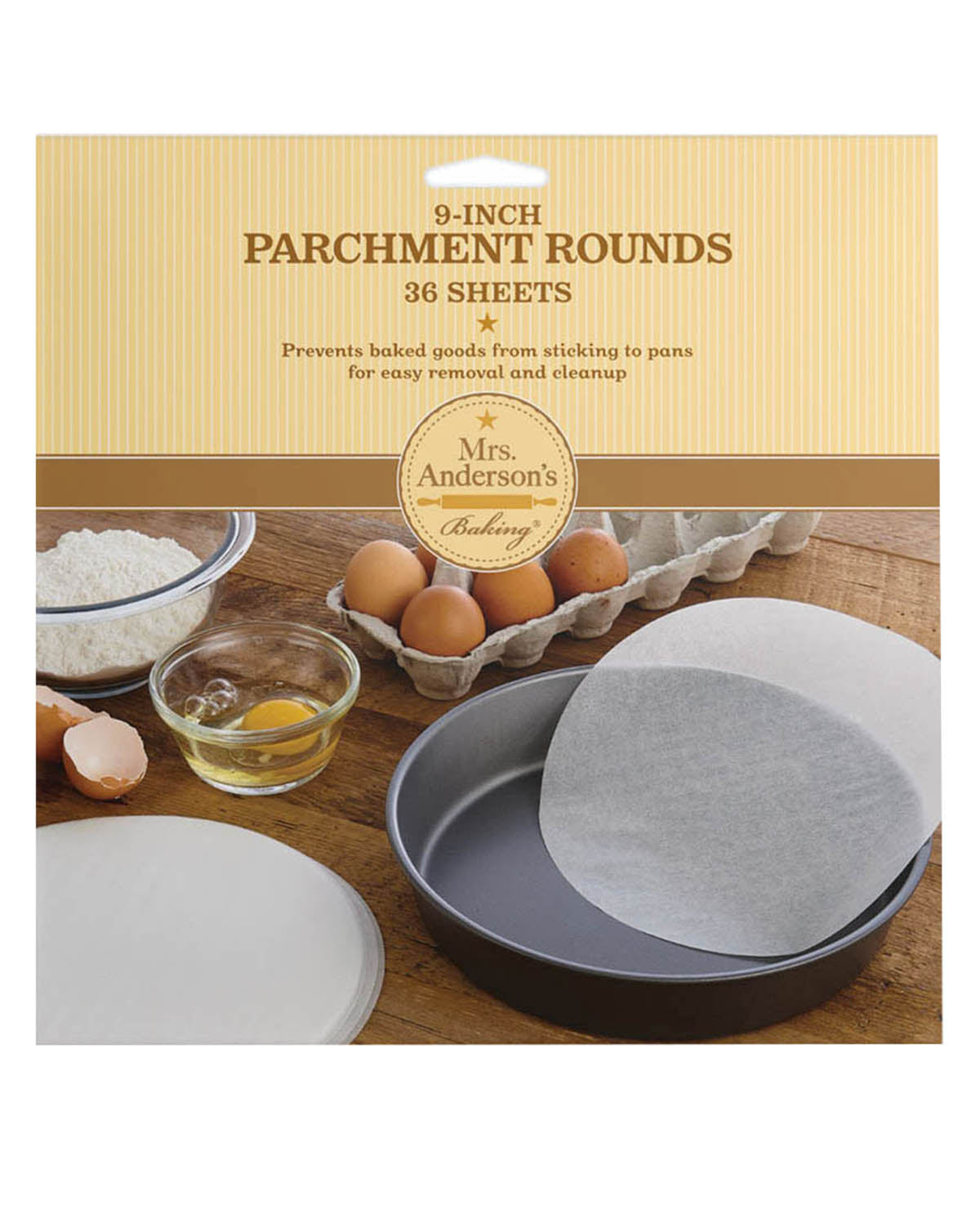 Packaging of Mrs. Anderson's 9-inch parchment rounds with baking ingredients on a wooden surface.