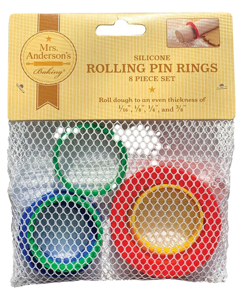 Packaged set of Mrs. Anderson's Baking silicone rolling pin rings with colorful rings inside.