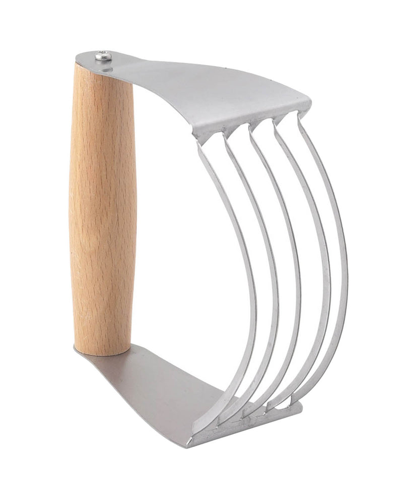Metal garden tool with wooden handle on a white background