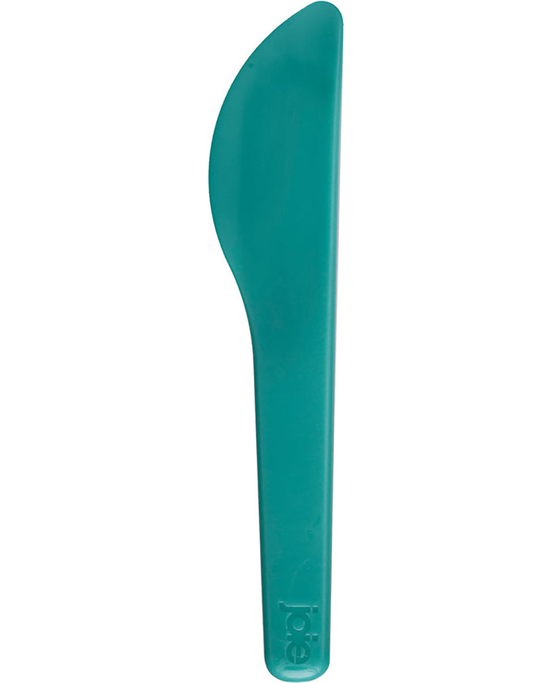 Teal plastic knife on a white background