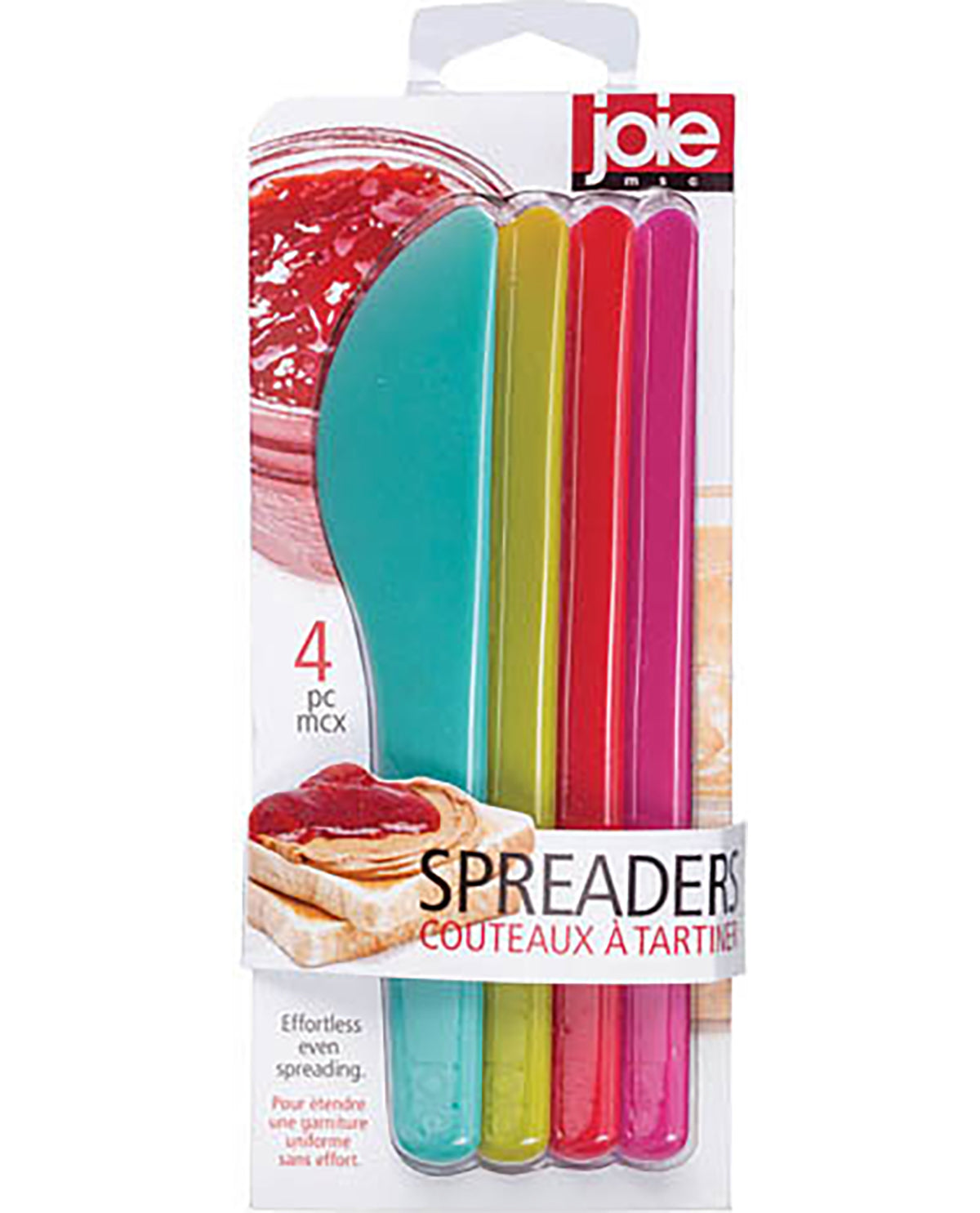 Packaged set of colorful spreaders with 'joie' branding on a white background