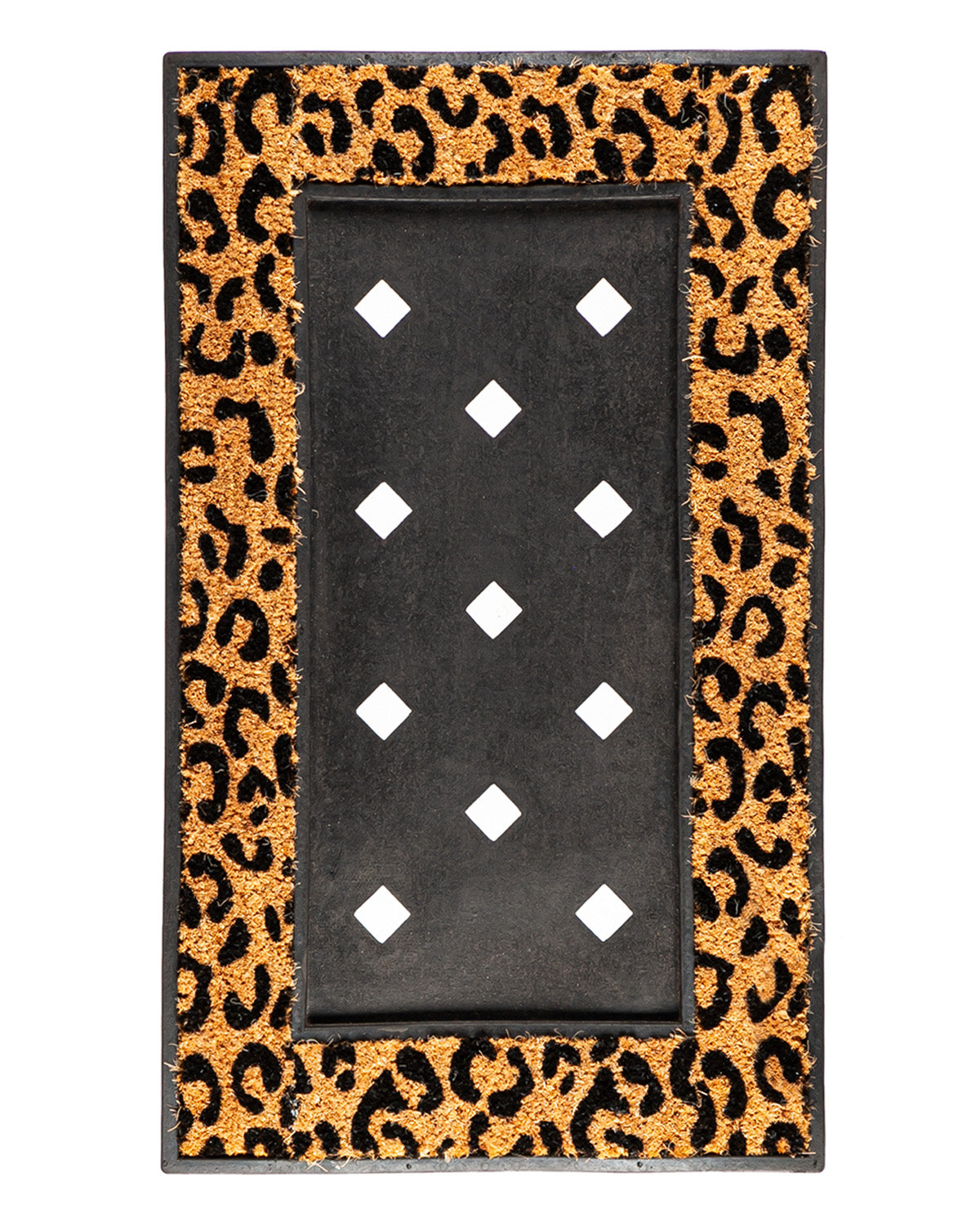 A rectangular area rug with a black and gold leopard print border and a central black panel decorated with white diamond shapes, shown flat against a white background.