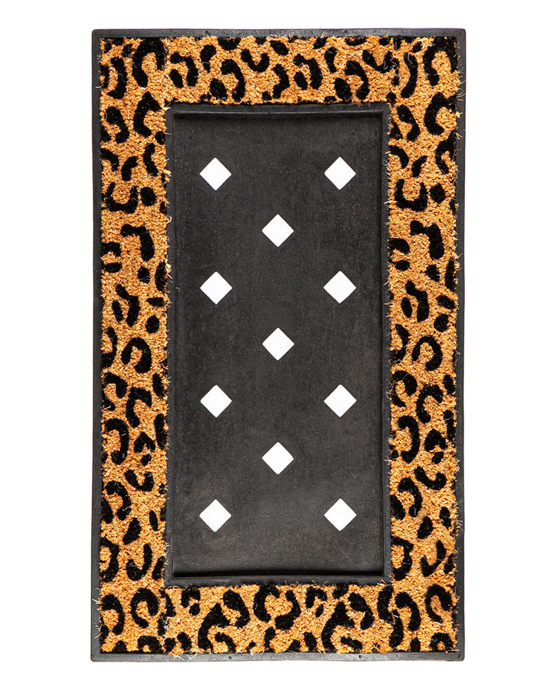 A rectangular area rug with a black and gold leopard print border and a central black panel decorated with white diamond shapes, shown flat against a white background.