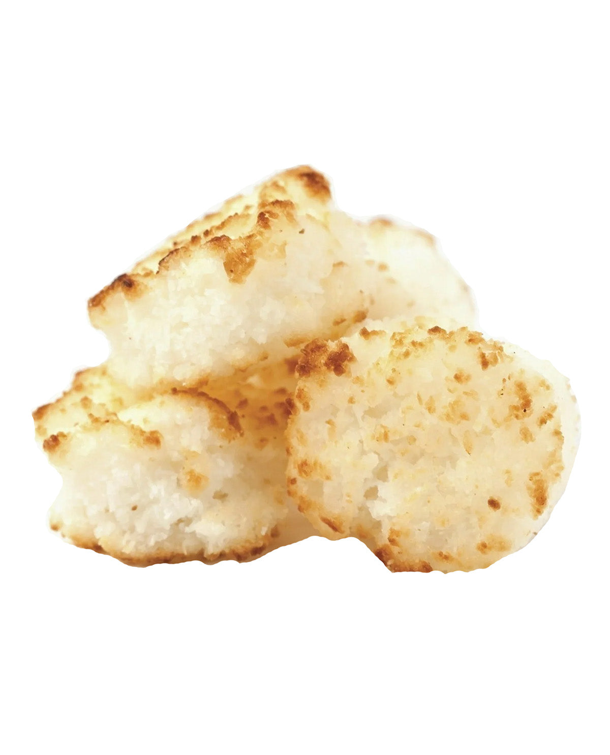 Three toasted marshmallow fluff pieces with golden-brown toasted edges, stacked together on a solid white background.
